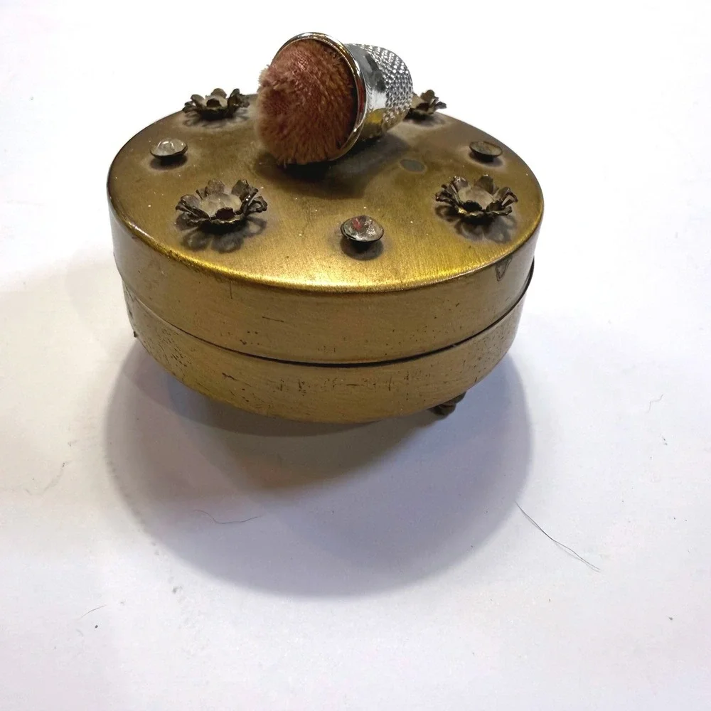Vintage Brass Sewing Trinket Box Thimble Pincushion Rhinestone Footed 3 Inch